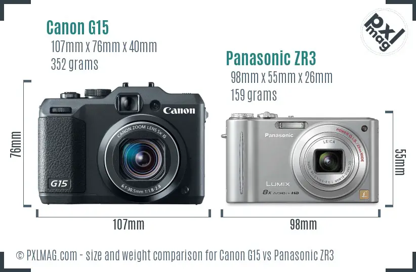 Canon G15 vs Panasonic ZR3 size comparison