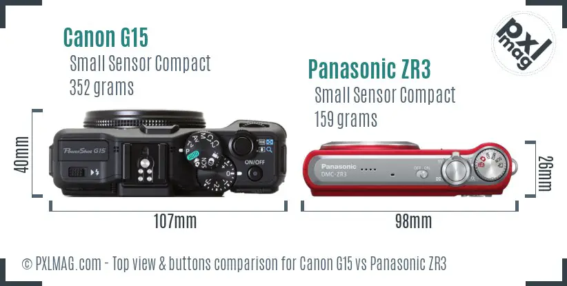 Canon G15 vs Panasonic ZR3 top view buttons comparison