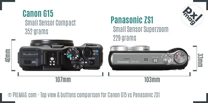 Canon G15 vs Panasonic ZS1 top view buttons comparison Canon G15 vs Panasonic ZS1 top view buttons comparison
