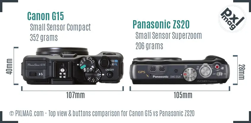 Canon G15 vs Panasonic ZS20 top view buttons comparison