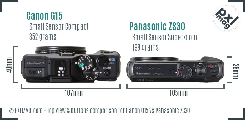 Canon G15 vs Panasonic ZS30 top view buttons comparison Canon G15 vs Panasonic ZS30 top view buttons comparison