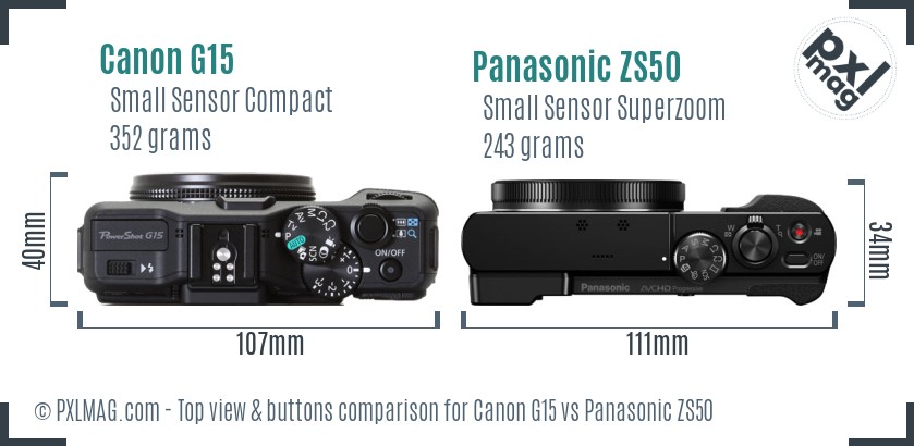 Canon G15 vs Panasonic ZS50 top view buttons comparison