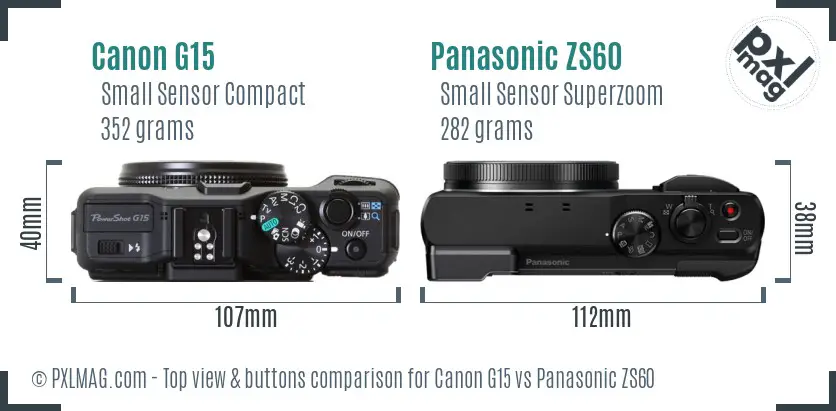 Canon G15 vs Panasonic ZS60 top view buttons comparison