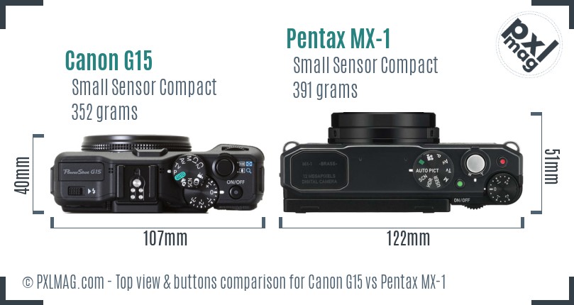 Canon G15 vs Pentax MX-1 top view buttons comparison