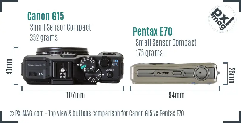 Canon G15 vs Pentax E70 top view buttons comparison Canon G15 vs Pentax E70 top view buttons comparison