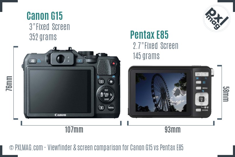 Canon G15 vs Pentax E85 Screen and Viewfinder comparison