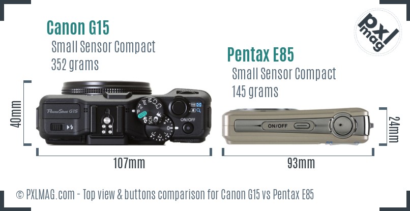 Canon G15 vs Pentax E85 top view buttons comparison