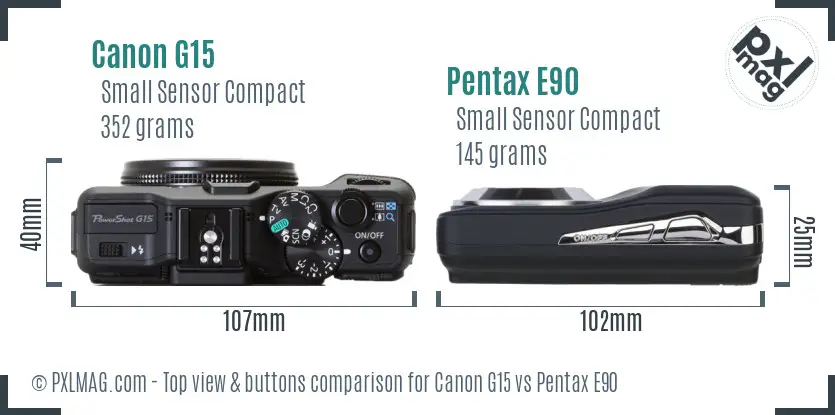 Canon G15 vs Pentax E90 top view buttons comparison