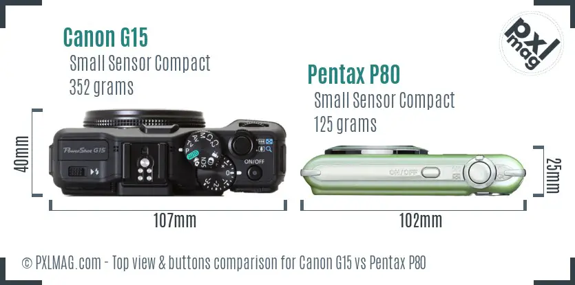 Canon G15 vs Pentax P80 top view buttons comparison