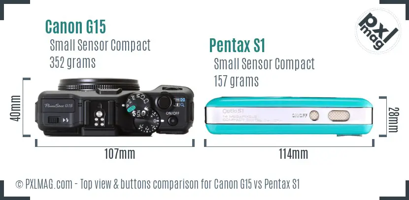 Canon G15 vs Pentax S1 top view buttons comparison