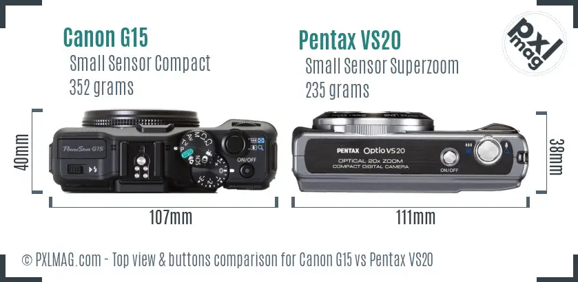 Canon G15 vs Pentax VS20 top view buttons comparison