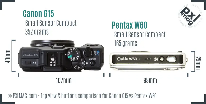 Canon G15 vs Pentax W60 top view buttons comparison