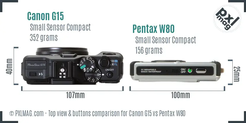 Canon G15 vs Pentax W80 top view buttons comparison Canon G15 vs Pentax W80 top view buttons comparison