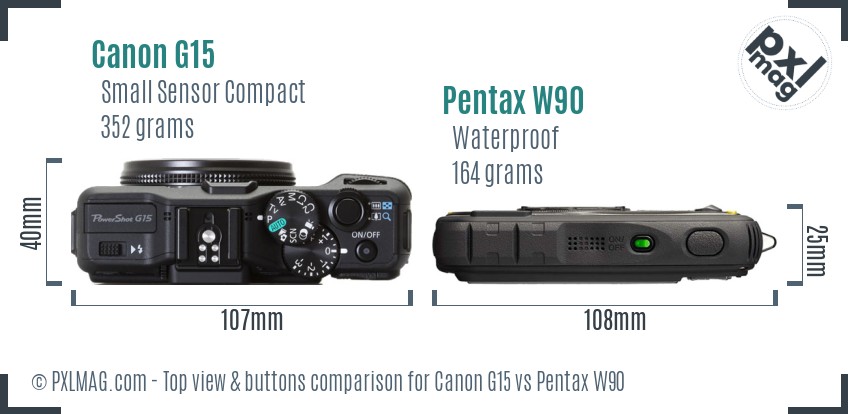 Canon G15 vs Pentax W90 top view buttons comparison