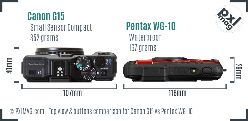 Canon G15 vs Pentax WG-10 top view buttons comparison