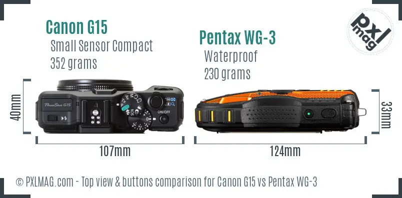 Canon G15 vs Pentax WG-3 top view buttons comparison
