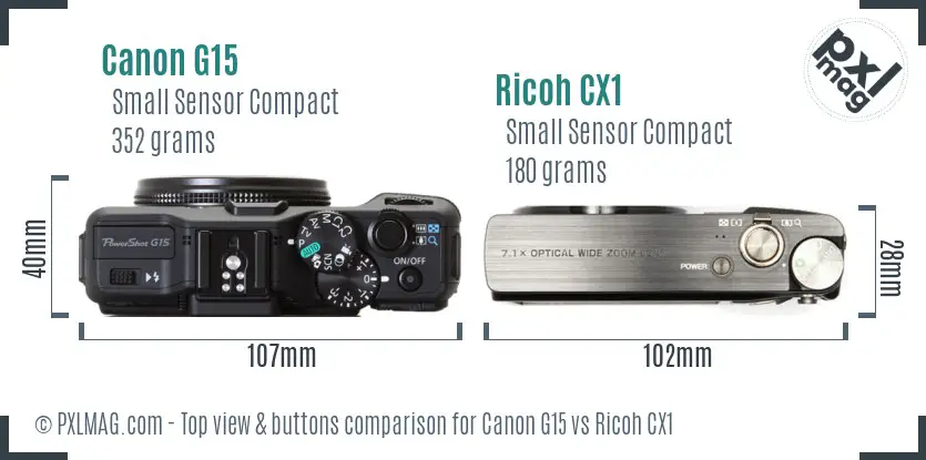 Canon G15 vs Ricoh CX1 top view buttons comparison