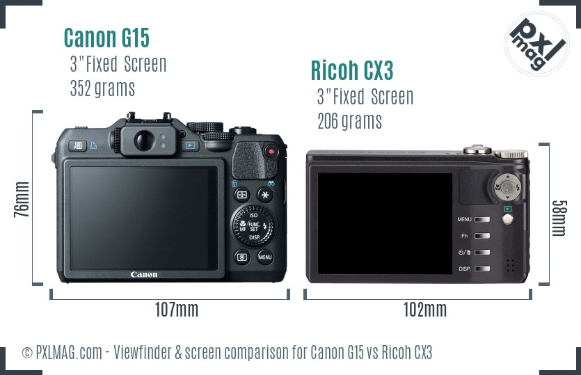 Canon G15 vs Ricoh CX3 Screen and Viewfinder comparison