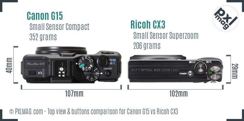 Canon G15 vs Ricoh CX3 top view buttons comparison