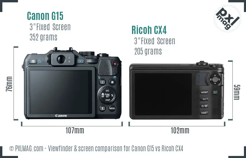 Canon G15 vs Ricoh CX4 Screen and Viewfinder comparison
