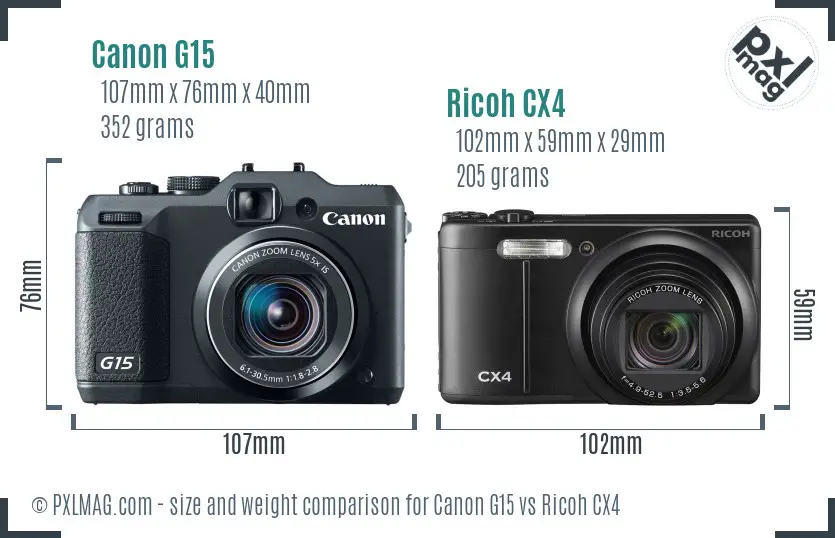 Canon G15 vs Ricoh CX4 size comparison