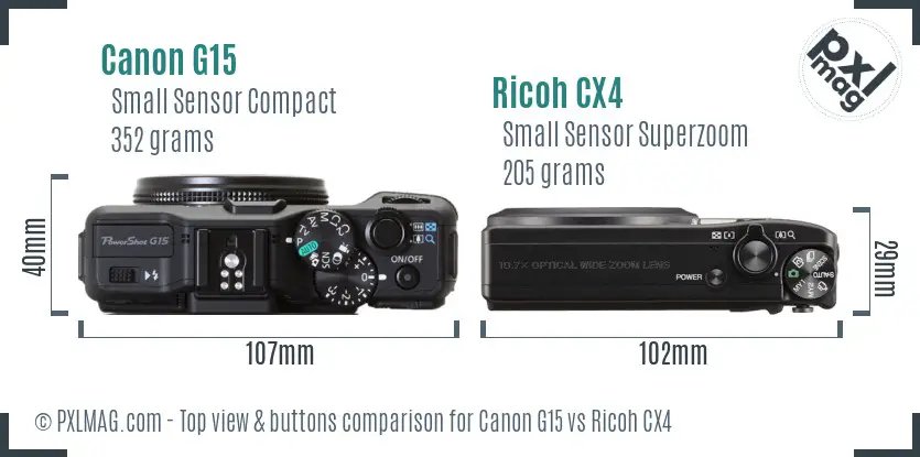 Canon G15 vs Ricoh CX4 top view buttons comparison