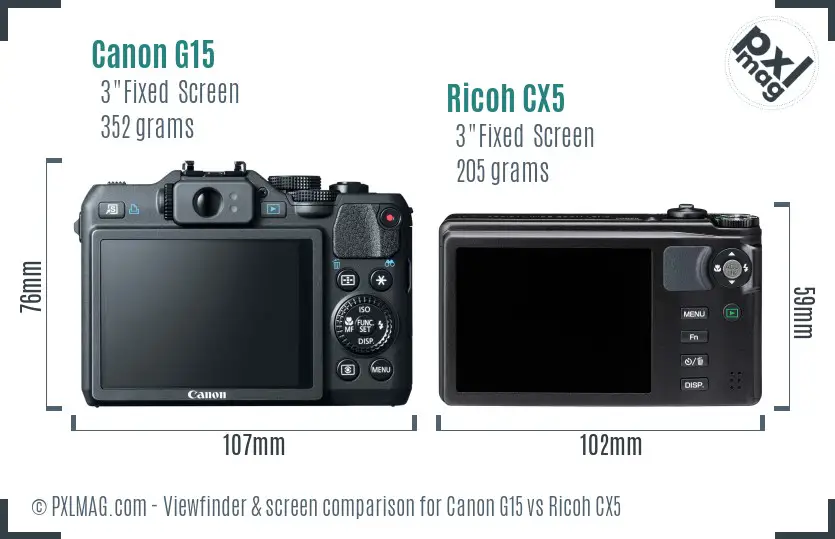 Canon G15 vs Ricoh CX5 Screen and Viewfinder comparison