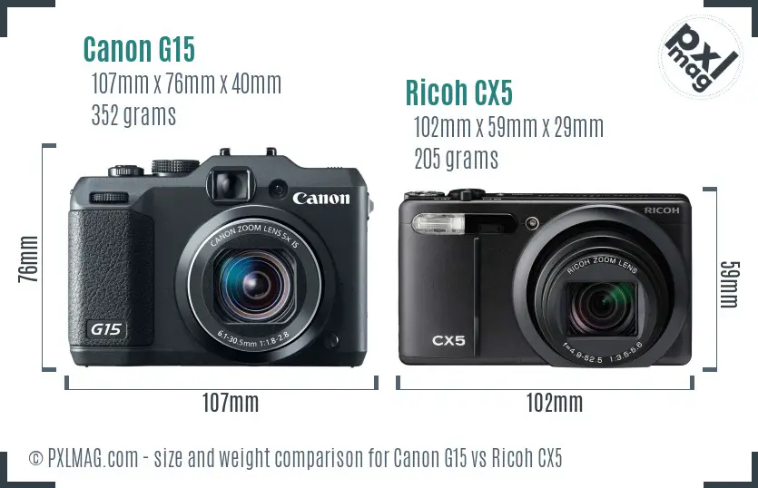 Canon G15 vs Ricoh CX5 size comparison