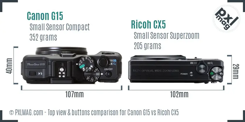 Canon G15 vs Ricoh CX5 top view buttons comparison