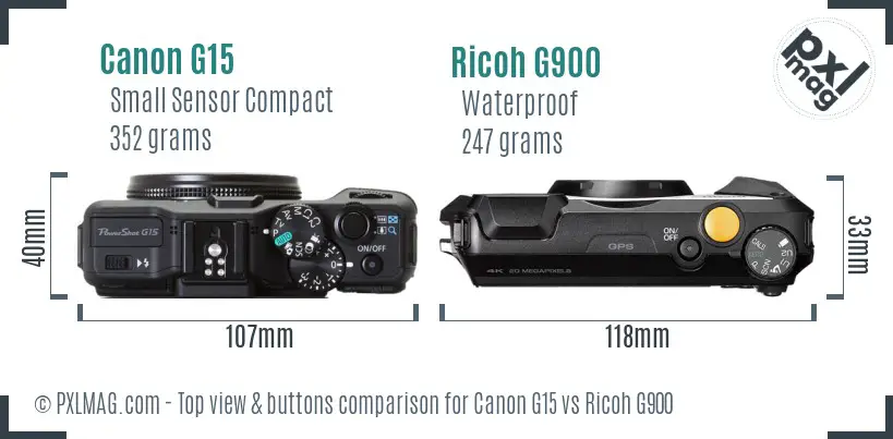 Canon G15 vs Ricoh G900 top view buttons comparison