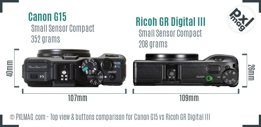 Canon G15 vs Ricoh GR Digital III top view buttons comparison Canon G15 vs Ricoh GR Digital III top view buttons comparison