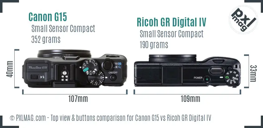 Canon G15 vs Ricoh GR Digital IV top view buttons comparison