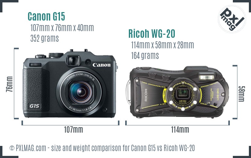 Canon G15 vs Ricoh WG-20 size comparison