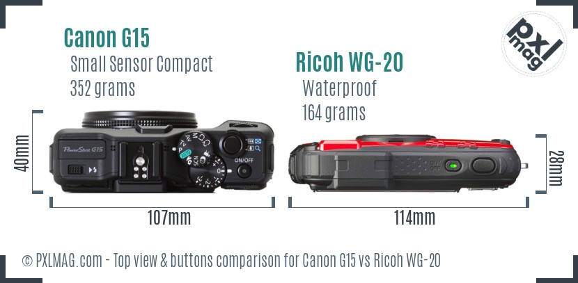 Canon G15 vs Ricoh WG-20 top view buttons comparison