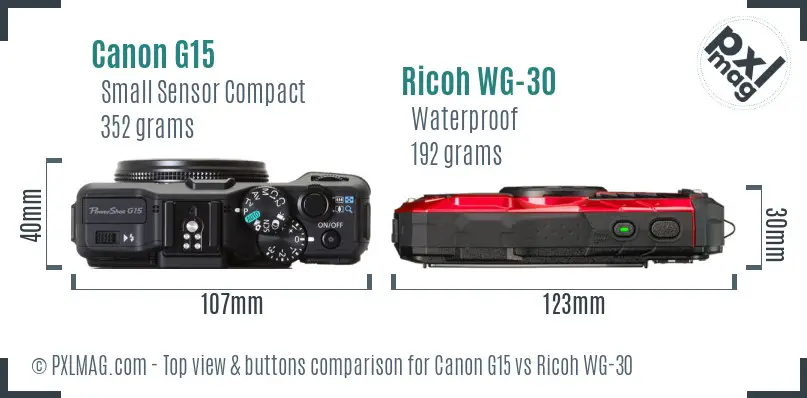 Canon G15 vs Ricoh WG-30 top view buttons comparison