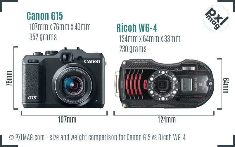 Canon G15 vs Ricoh WG-4 size comparison