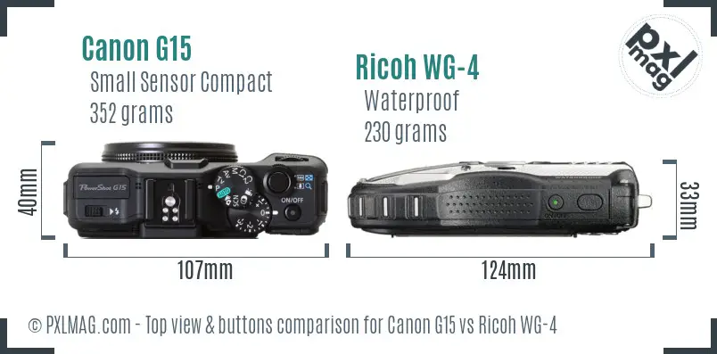 Canon G15 vs Ricoh WG-4 top view buttons comparison