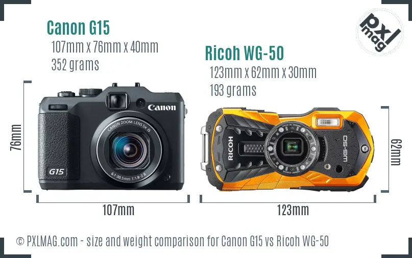 Canon G15 vs Ricoh WG-50 size comparison Canon G15 vs Ricoh WG-50 size comparison