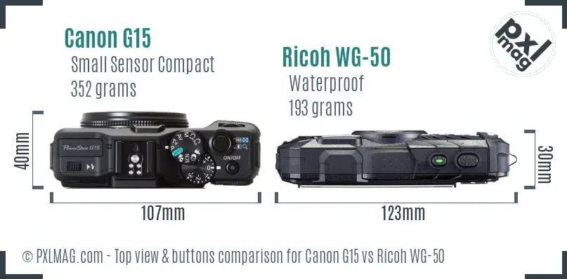 Canon G15 vs Ricoh WG-50 top view buttons comparison Canon G15 vs Ricoh WG-50 top view buttons comparison
