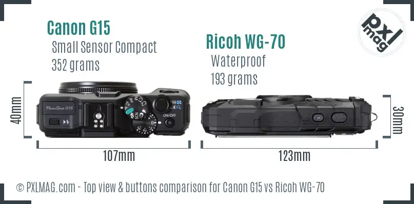 Canon G15 vs Ricoh WG-70 top view buttons comparison