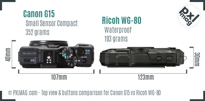 Canon G15 vs Ricoh WG-80 top view buttons comparison