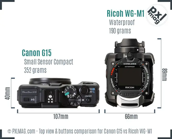 Canon G15 vs Ricoh WG-M1 top view buttons comparison