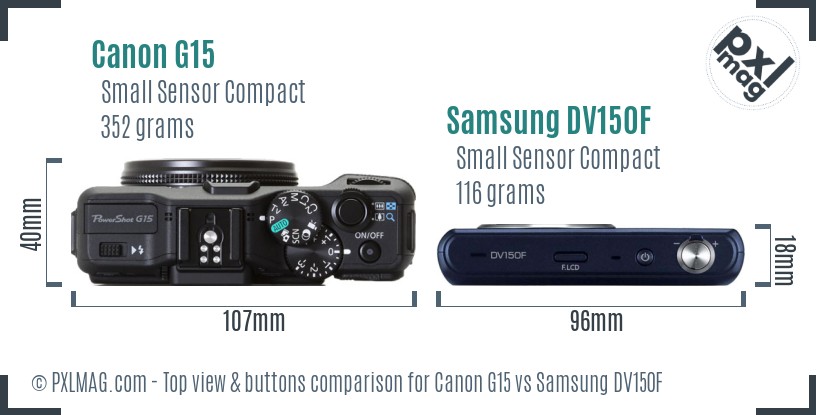 Canon G15 vs Samsung DV150F top view buttons comparison