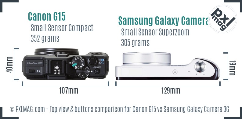 Canon G15 vs Samsung Galaxy Camera 3G top view buttons comparison