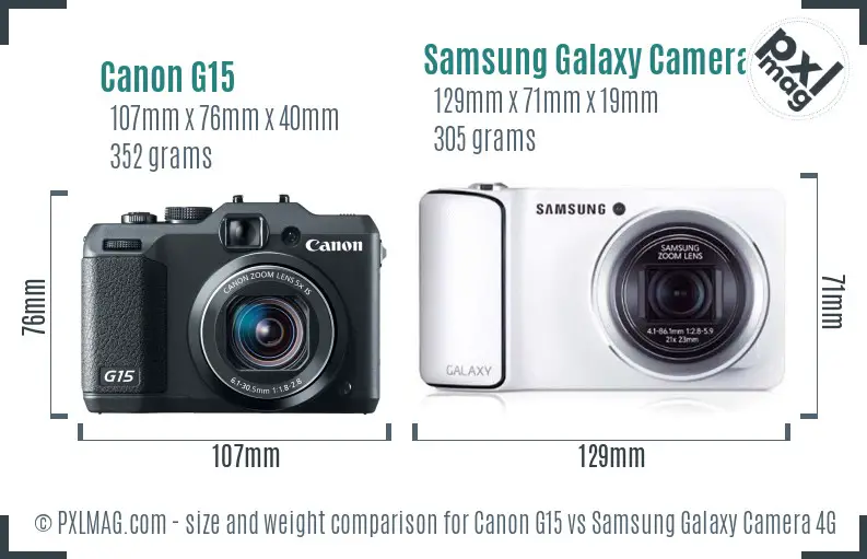 Canon G15 vs Samsung Galaxy Camera 4G size comparison