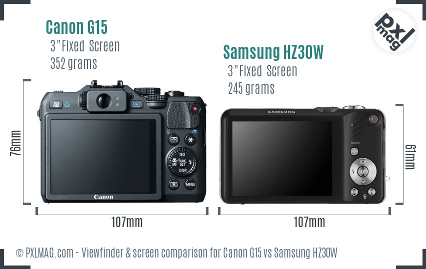 Canon G15 vs Samsung HZ30W Screen and Viewfinder comparison