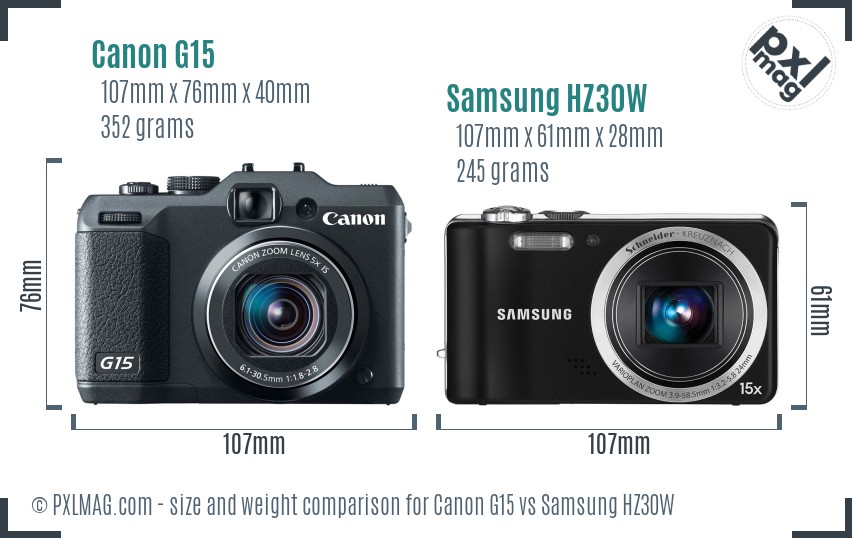 Canon G15 vs Samsung HZ30W size comparison Canon G15 vs Samsung HZ30W size comparison
