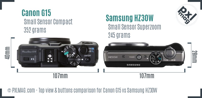 Canon G15 vs Samsung HZ30W top view buttons comparison