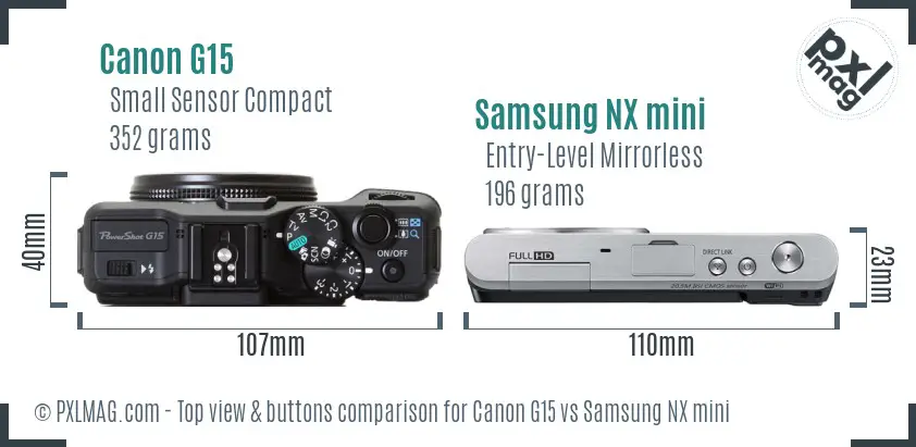 Canon G15 vs Samsung NX mini top view buttons comparison