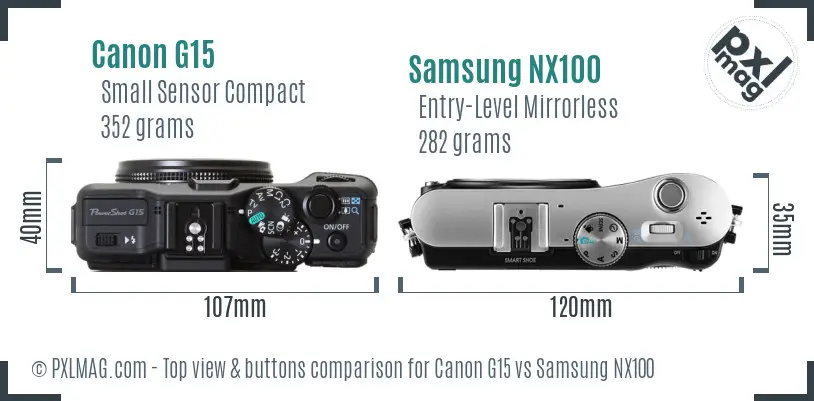 Canon G15 vs Samsung NX100 top view buttons comparison